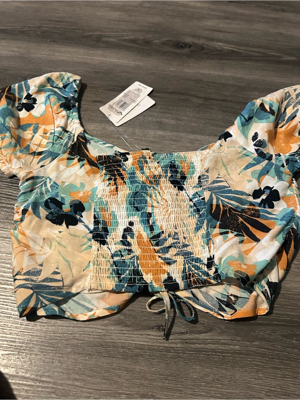 Roxy Teal, Mustard & Navy Floral Ruched Crop Top - Picture 5 of 6